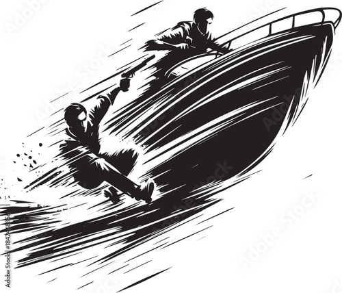 Dramatic monochrome illustration of a daring boat chase in motio