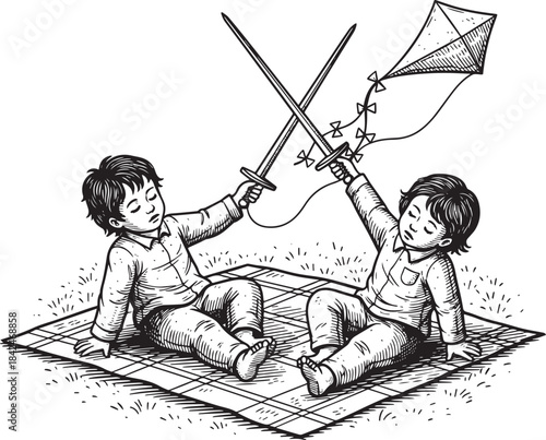 Engraved Illustration of Twin Boys Sword Fighting with Kite on P