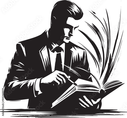 Monochrome sumi-e illustration of a man engrossed in an open boo