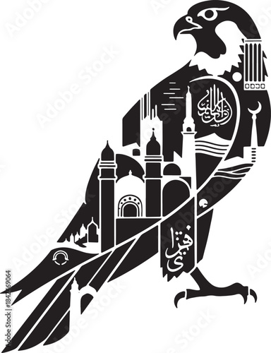 Black silhouette falcon bird filled with Islamic architecture