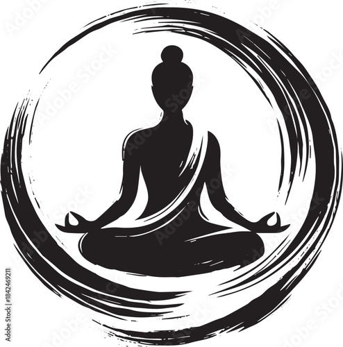 Serenity symbol meditation silhouette in circle of brushstrokes