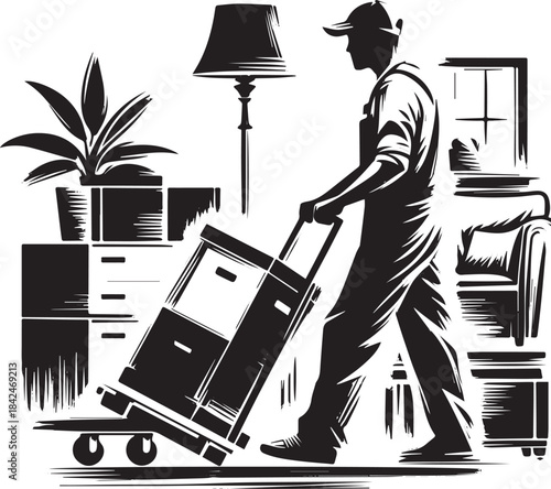 Monochromatic illustration depicting a man transporting furnitur