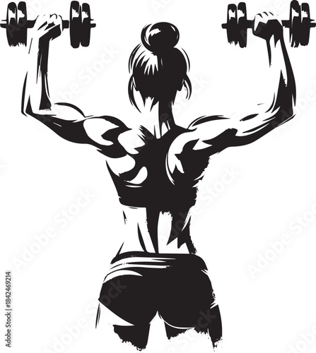 Monochrome brushstroke illustration of strong female athlete lif