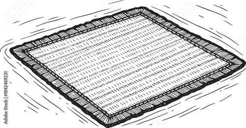 Engraved rendition of a woven mat or rug with fringe, minimalist