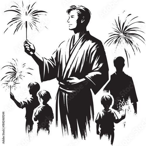 Monochromatic family celebration: Man with sparkler in tradition