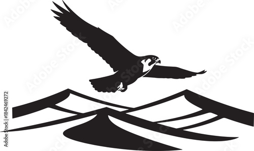 Black silhouette of a falcon flying over stylized mountains