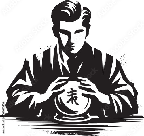 Monochrome illustration of a man gazing into a fortune telling c