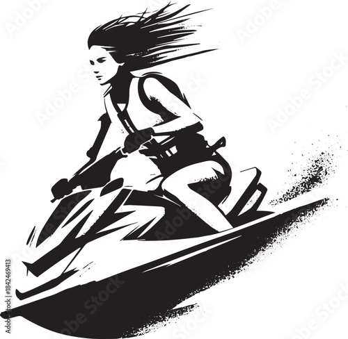 Dynamic female jetski rider in stylized monochromatic illustrati