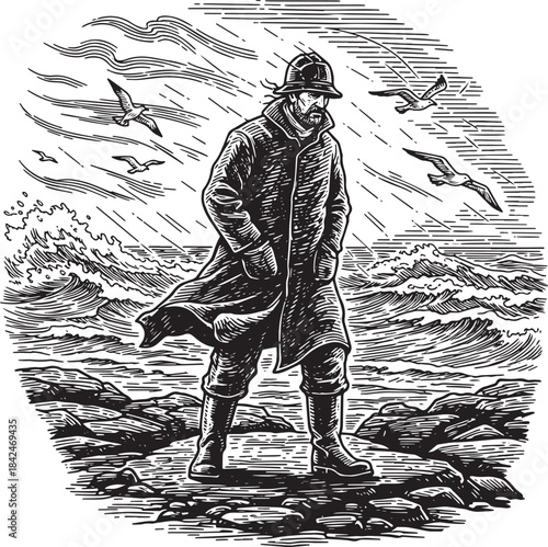 Vintage engraved illustration of a lonely fisherman near stormy