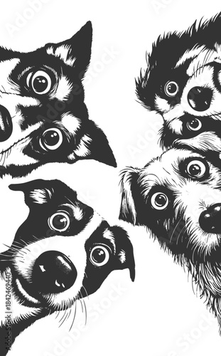 dogs looking down curiously in a circular formation with expressive eyes and noses sketch engraving generative ai vector illustration. Scratch board imitation. Black and white image.