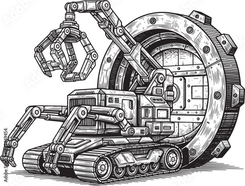 Monochrome Detailed Woodcut Illustration of an Enigmatic Mining