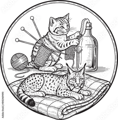 Humorous depiction of knitting kitten and lynx resting on cozy b