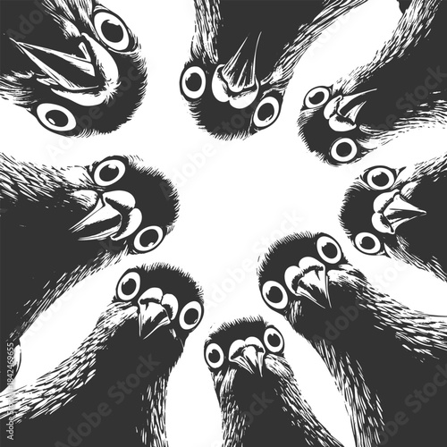 pigeons looking down, humorous visual concepts sketch engraving generative ai fictional character vector illustration. Scratch board imitation. Black and white image.