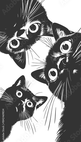 Adorable group of curious black cats with big eyes peering downward sketch engraving generative ai fictional character vector illustration. Scratch board imitation. Black and white image.