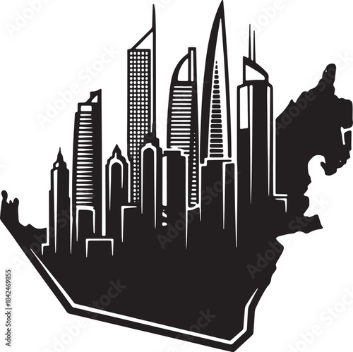 Black silhouette of U A E skyline within country outline