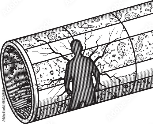 Engraved illustration of a person emerging from a cosmic time tu