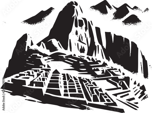 Machu Picchu ancient ruins in minimalist sumi-e painting style,