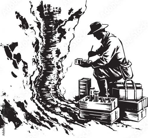 Monochromatic illustration of a researcher analyzing mineral sam