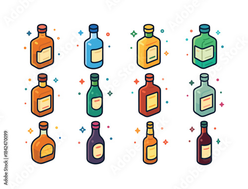 Colorful Liquor Icons. Liquor Collection. Colorful isometric vec