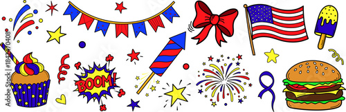 Colorful hand drawn fourth of july celebration doodle set with fireworks flag burger bunting and patriotic elements collection