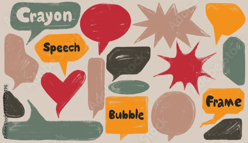 Crayon speech bubble frames, chalk talk balloons set. Colorful doodle text boxes hand drawn dialog chat elements with rough crayon texture. Fun sketch speech bubbles for kids designs, stickers, comics
