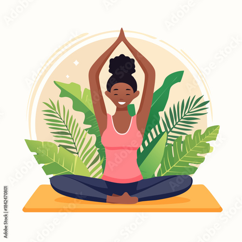 African woman doing yoga and meditation in nature illustration