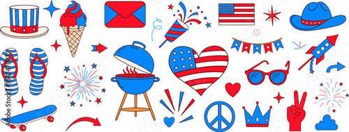 Colorful hand drawn fourth of july patriotic doodle collection with american flag symbols fireworks and celebration elements set