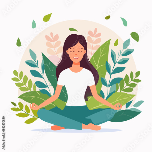 Wallpaper Mural Young woman meditating in nature with leaves background illustration Torontodigital.ca