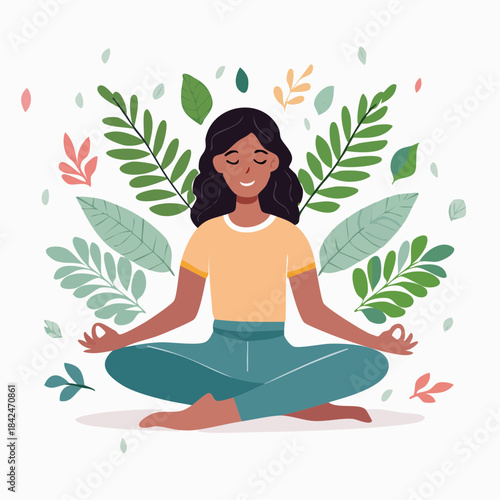 Calm woman meditating in lotus pose surrounded by leaves illustration