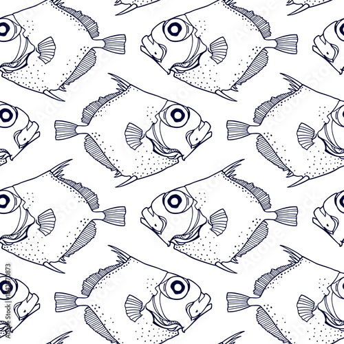 Vector seamless pattern hand drawn illustration of a deep sea fish made in graphic style. Ink drawing, beautiful design elements. Perfect print for any business related to the fish industry.