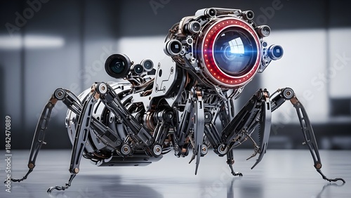 A highly detailed and mechanically complex six-legged reconnaissance robot (hexapod), featuring numerous links and cables.