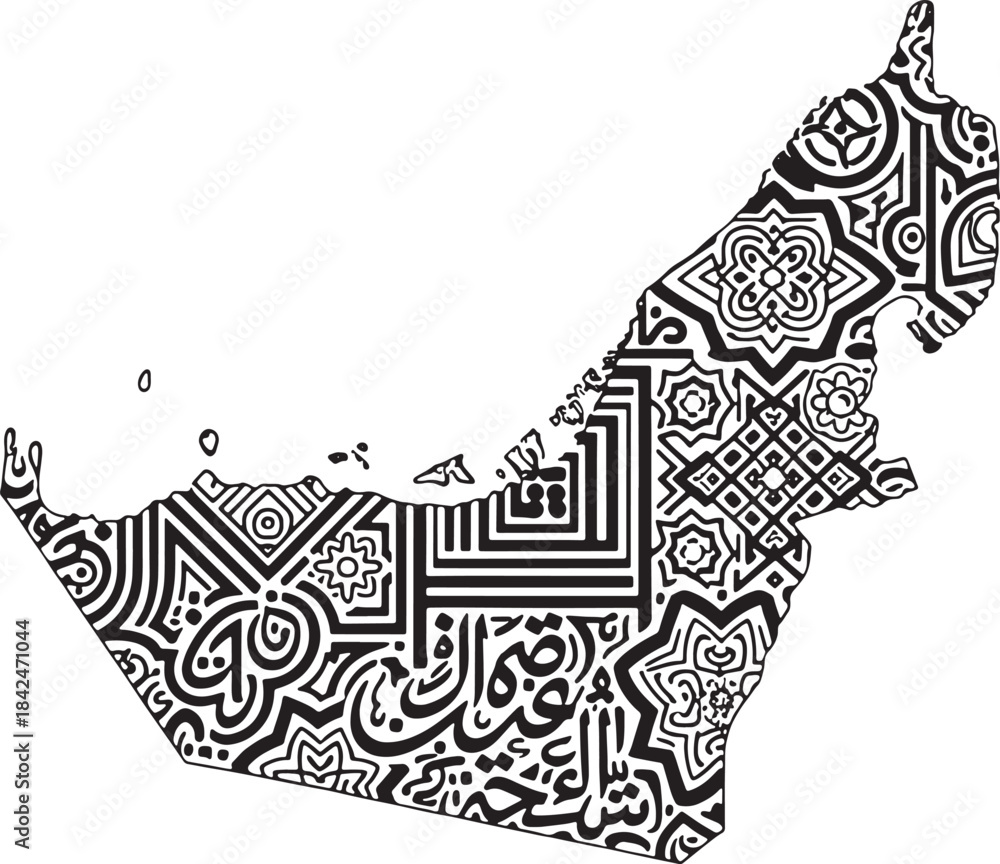 Fototapeta premium United Arab Emirates map with Arabic calligraphy and geometric patterns