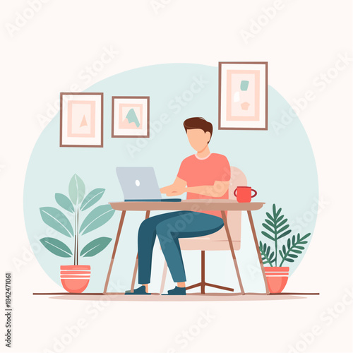 Man working on laptop at home office illustration