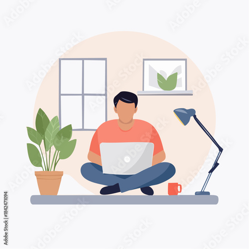 Man sitting with laptop working from home illustration