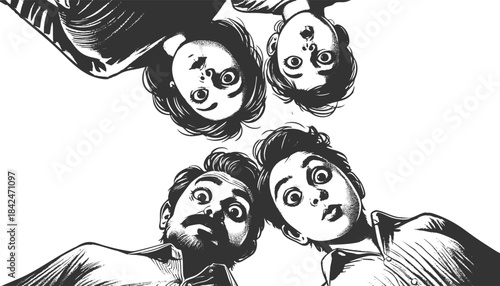 surprised family of four looking down, expressing shock or curiosity, isolated on white sketch engraving generative ai fictional character vector illustration. Scratch board. Black and white image.