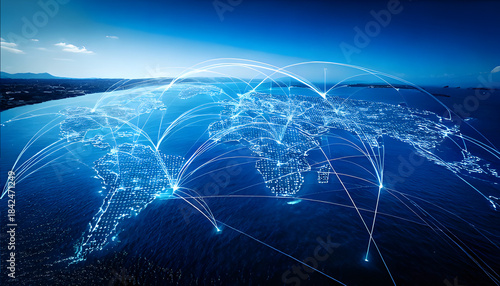 Illustration of information flying around in a blue world