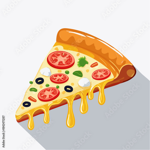 Slice of pizza with melted cheese and vegetables illustration