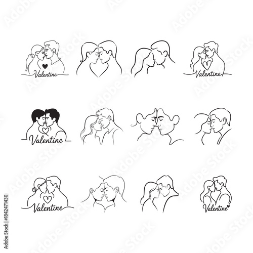 Black Color Minimal Line Art Couple Face to Face Valentine Illustration, Solid White Background.