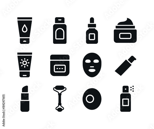 Skincare Icon Set. Skincare routine. Solid icon set of skincare
