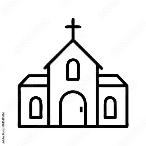 Outline illustration of a church building with a cross on top  
