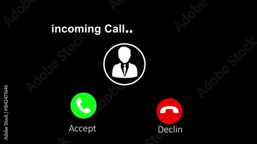 Mobile phone screen with incoming call animation .Incoming Call Screen Animation with Accept and Decline Option And Copy Space Placement on Black Background.4k animation motion graphic veideo..