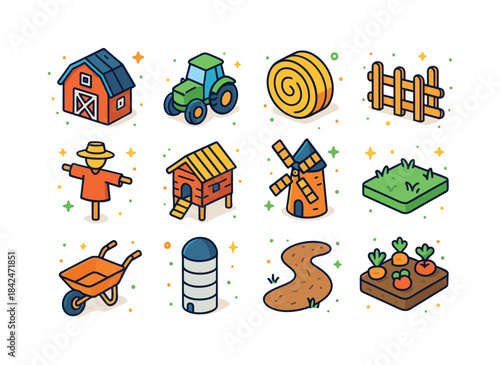 Colorful Rural Icons. Rural Scenery. Colorful isometric vector i