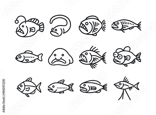 Deep Sea Icons. Aquatic creatures in extreme environments (deep