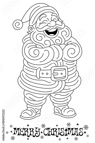 Cheerful Santa Claus drawn in decorative line art style with “Merry Christmas” text below, holiday ,line,art,cards, coloring pages, festive,designs, christmas, santa, lineart, outline, holiday,xmas,