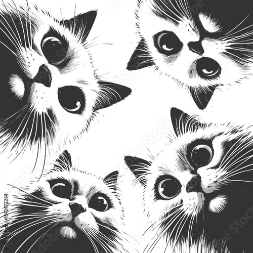 Adorable group of curious cats with big eyes peering downward sketch engraving generative ai fictional character vector illustration. Scratch board imitation. Black and white image.