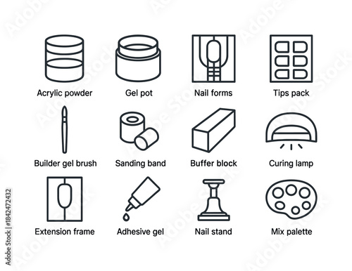 Nail Art Tools. Nail Enhancements. Line icon set of Nail Enhance