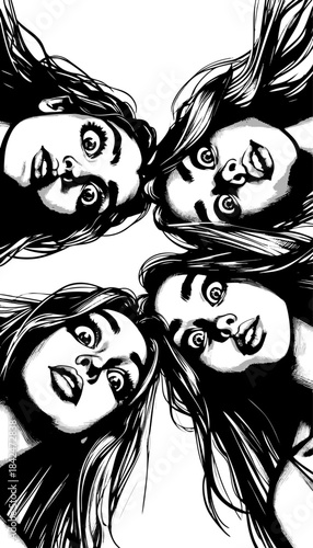 women peering down in a circle with surprised or curious expressions, ideal for teamwork or mystery themes sketch engraving generative ai vector illustration. Scratch board. Black and white image.