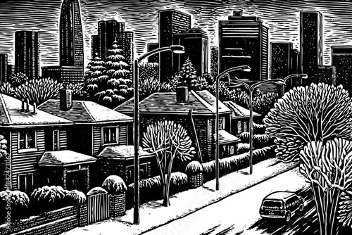 Houston’s skyline appears covered in snow with clean pencil outlines, wide streets, tall towers, and soft shading illustrating a rare winter scene in Texas