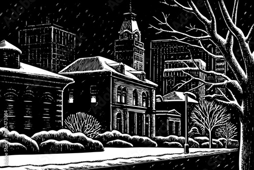 Houston’s skyline appears covered in snow with clean pencil outlines, wide streets, tall towers, and soft shading illustrating a rare winter scene in Texas