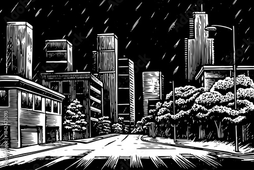 Houston’s skyline appears covered in snow with clean pencil outlines, wide streets, tall towers, and soft shading illustrating a rare winter scene in Texas